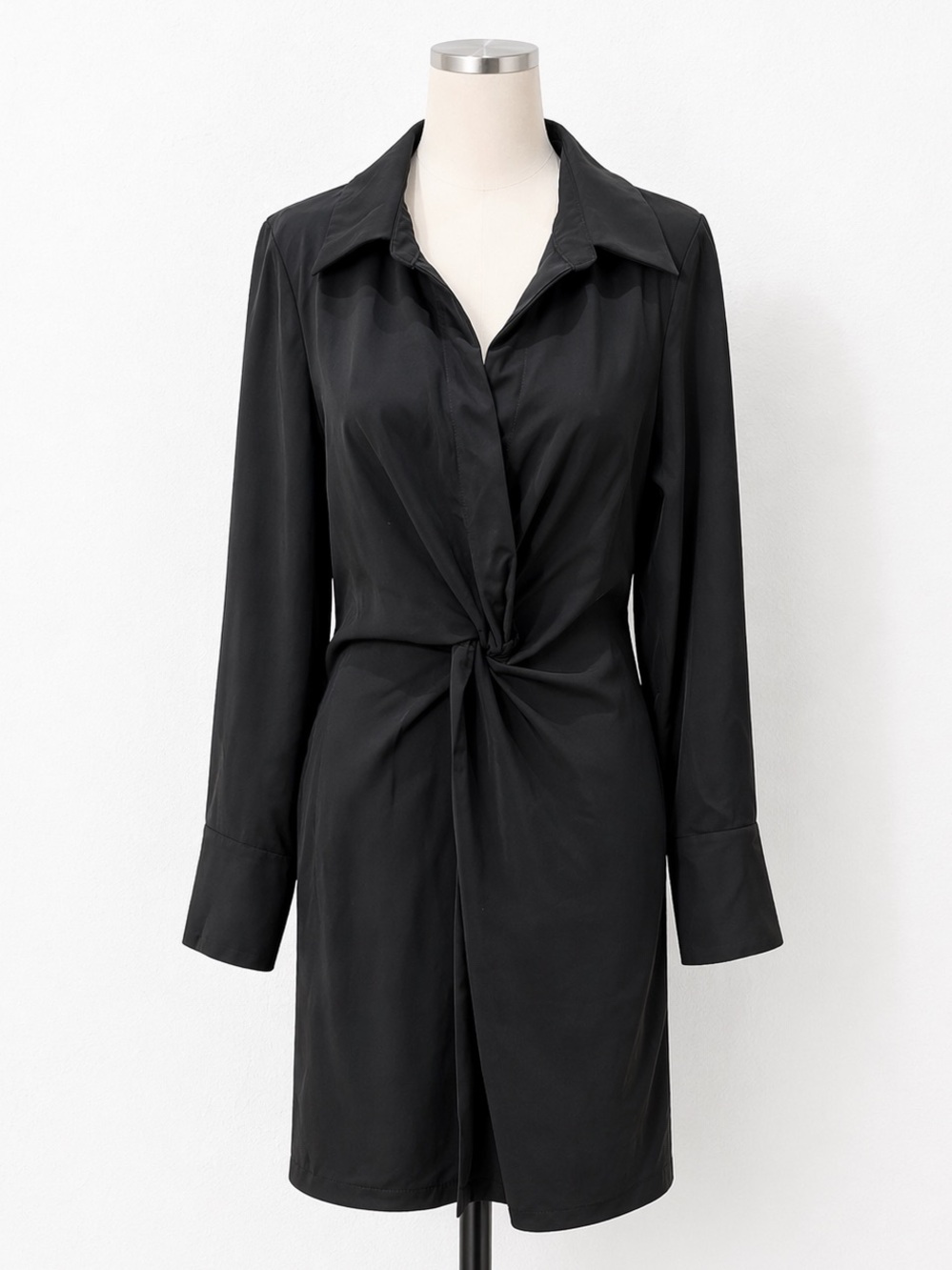 Gracia Twist Front Faux Wrap Shirt Dress Long Sleeve Pockets Black M NWT